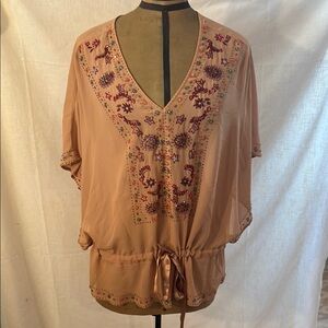 Embroidered V-Neck Women's Top - Tan